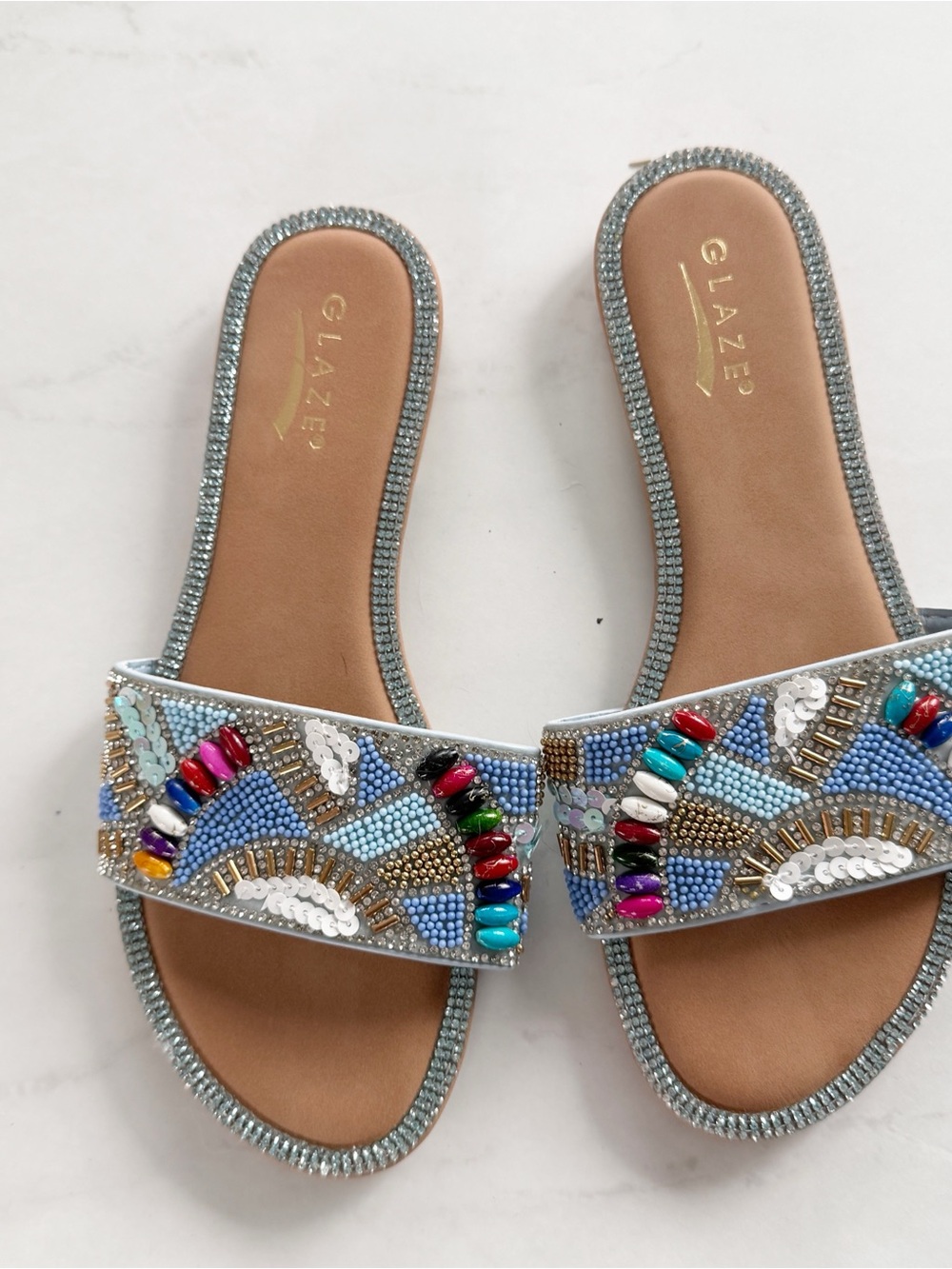 Glaze Multicolor Beaded Slide Sandals - Light Blue & Tan